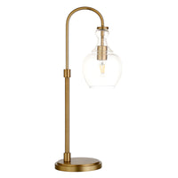 Hudson&Canal Verona 27" Tall Arc Table Lamp with Glass Shade - Brushed Brass/Clear-Mid-century modern design for your living room, workspace, or bed side table
