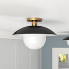 Hudson&Canal Alvia 14.5" Wide Semi Flush Mount with Metal/Glass Shade - Matte Black/Brass/White-Handcrafted matte black finish with brass accents is applied to plate-shaped metal shade overhang