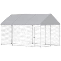 PawHut Outdoor Dog Kennel with Roof and Steel Fence - 13.1' x 7.5' x 7.8' - Grey-Quick-install telescopic tube design 