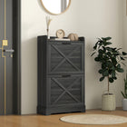 HOMCOM Farmhouse Slim Shoe Cabinet with 2 Flip Drawers & Adjustable Shelves - Distressed Grey-2-level adjustable or removable inner shelves hold various shoe sizes