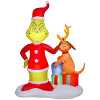 GEMMY Airblown Inflatable Christmas Grinch and Max with Presents - 71" x 49"-Lights up with energy-efficient LED light