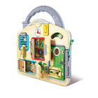 Hape Lock & Learn Playboard-Educational Door Board: The green door includes a sliding signal that displays either 'Warning' or 'Hello,' serving as a valuable tool to teach children about strangers and proper door etiquette
