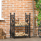 Outsunny 2-Tier Firewood Rack with 4 Tools and Hooks - Log Holder - Black-Extra 4 firewood tools to resolve all of your daily use, including a shovel, broom, poker, and tongs