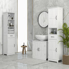 Kleankin Bathroom Linen Tower Cabinet with Three Open Shelves - White-Shelf on top and in the bottom cabinet is 3-level adjustable that gives you flexibility in personalizing the storage compartments