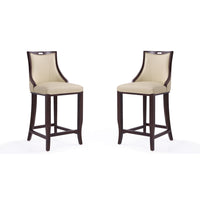 Manhattan Comfort Emperor 19" Traditional Faux Leather Upholstered Bar Stool - Cream and Walnut - 2 Pack-Traditional Barstool with Backseat Perfect for Bar and Kitchen Use. Set of 2