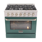 Kucht 36" KNG Series Pro Style Natural Gas Range - Stainless Steel/Green-6-burner gas range includes one 20 000 BTU dual burner featuring TrueSimmer, one 15 000 BTU burner, one 12 000 BTU burner, two 9 000 BTU burners and one 6 000 BTU low-simmer burner