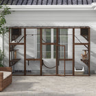 PawHut 74" H Large Outdoor Catio with Cat Condos, Platforms and Ladders - Espresso-Large exit door and elevated playground 
