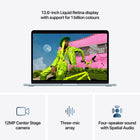 Apple MacBook Air 13" - M5 - 10-core CPU - 512 GB SSD - 16 GB Unified Memory - Sky Blue-12MP Center Stage Camera - Automatically stay in frame during video calls with Center Stage, or share a top-down view of your workspace with Desk View. And with a three-mic array and four-speaker sound system with Spatial Audio and Dolby Atmos, everything sounds great