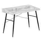 Monarch Specialties 7539 48" Computer Desk - White Marble-Look/Black Metal-Computer desk in a white marble-look finish featuring a small hutch with a long shelf and 2 storage cubbies
