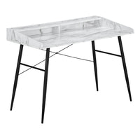 Monarch Specialties 7539 48" Computer Desk - White Marble-Look/Black Metal-Computer desk in a white marble-look finish featuring a small hutch with a long shelf and 2 storage cubbies