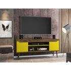 Manhattan Comfort Bradley 62.99" Mid-Century Modern TV Stand - Rustic Brown and Yellow-Includes 2 Open Shelves and 2 Large Concealed Storage Compartments