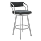 Armen Living Capri 26" Counter Height Modern Swivel Bar Stool in Metal & Slate Grey Faux Leather-This stool provides stability with its strong 4-leg base giving you a stable foundation to sit upon for hours. The metal ring footrest is ideal for propping your feet up while socializing or eating at your kitchen island or pub table. In addition, this stool has a weight capacity of 250 lbs.