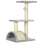 PawHut 28" Cat Tree Climbing Tower with Sisal Scratching Post - Light Grey-Multi-level cat tree, allowing pets to climb and keep active 