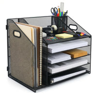 ShoppingAll 5-Tier Desk File Organizer with Upright File Section-Uniquely engineered to combine 5 horizontal flat trays with 1 vertical upright section, allowing you to organize different document types in a single, compact unit.