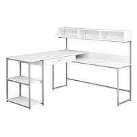 Monarch Specialties 7162 Computer Desk - White/Silver Metal Corner-L-shaped computer desk with storage in a white finish and a slender yet sturdy metal base in a silver finish