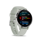 Garmin Venu 3S Watch - 41 mm - Silver Stainless Steel Bezel with Sage Gray Case and Silicone Band-Know your body better with extensive health monitoring features, including wrist-based heart rate, morning report, fitness age, stress tracking, menstrual cycle and pregnancy tracking, meditation and more