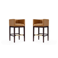 Manhattan Comfort Kingsley 21" Mid-Century Modern Faux Leather Upholstered Bar Stool - Camel and Dark Walnut - 2 Pack-Mid-Century Modern Barstool with Backseat Perfect for Bar and Kitchen Use. Set of 2