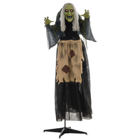 Outsunny 4' Animated Witch with Sound Activation - Grey-Fun moving Halloween animatronic: hunchback witch, with moving head and shoulders 