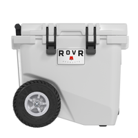 RovR RollR 45 Quart Wheeled Hard Cooler with Telescopic Handle - Powder-RollR 9’’ All-Terrain inflatable tires effortlessly glide over tough sand, dirt and grass