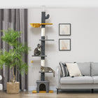 PawHut 90.5" - 108" Floor-To-Ceiling Cat Tree - Dark Grey-Play center features hammock, platforms, and condo 