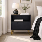 Manhattan Comfort Avira 20" Mid-Century Modern 1-Drawer Nightstand - Black-Spacious drawer with easy-glide tracks for smooth, quiet opening and closing