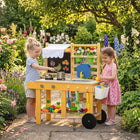 Qaba Outdoor Mud Kitchen for Kids with Wheels, Sink, Stove, Faucet, Storage Shelf - Yellow-This mud kitchen inspires gardening with buckets and tools
