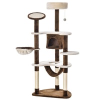 PawHut 60" Multi-Level Plush Cat Tree - Brown-Made of solid particle board covered with soft plush and natural sisal ropes 