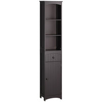 HOMCOM Tall Bathroom Linen Tower Cabinet with Shelves and Drawer - Brown-This tall, modern multipurpose cabinet will match all kinds of furniture