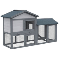PawHut Wooden Rabbit Hutch - Grey-High quality fir wood in exquisite build with elevated livingroom, run backyard, ramp and door 
