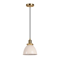 Hudson&Canal Madison 8" Wide Pendant with Metal Shade - Pearled White/Brass/Pearled White-Industrial design for your entryway, foyer, or kitchen