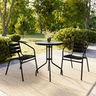 Flash Furniture 23.75" Round Glass Metal Table with 2 Black Metal Aluminum Slat Stack Chairs-Designed for Indoor and Outdoor Use