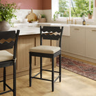 Modway Jax Oak Wood Counter Stool With Wavy Razor Back and Cushion - Black Linen-Fabric Seat Cushion