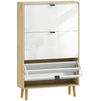 HOMCOM Narrow Shoe Cabinet with 3 Flip Drawers - White-High gloss front doors pair with oak frame for modern look