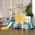 Qaba 7 in 1 Toddler Slide with Basketball Hoop, Climber, Indoor Slide Playset, Yellow-Slide's acceleration and deceleration zones for safe sliding, and buffer zone minimises impact at slide's end 