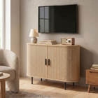 HOMCOM 39.4" Farmhouse Sideboard Buffet Cabinet with Curved Tambour Doors - Natural Wood-Elevated 5.9" metal legs allow robotic vacuums to clean underneath easily
