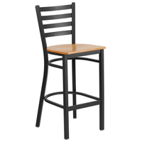 Flash Furniture HERCULES Series Black Ladder Back Metal Restaurant Barstool - Natural Wood Seat-Metal Barstool
