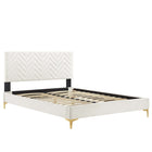 Modway Leah Chevron Tufted Performance Velvet Twin Platform Bed with Gold Metal Legs and Foot Caps - White-Twin Platform Bed
