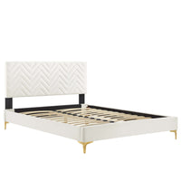 Modway Leah Chevron Tufted Performance Velvet Twin Platform Bed with Gold Metal Legs and Foot Caps - White-Twin Platform Bed