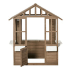Outsunny Outdoor Kids Wooden Cottage Playhouse with Doors and Flower Pot Holders - Brown-Flowerpot holders, the serving station included for the actual playing experience 