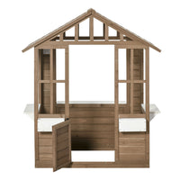 Outsunny Outdoor Kids Wooden Cottage Playhouse with Doors and Flower Pot Holders - Brown-Flowerpot holders, the serving station included for the actual playing experience 
