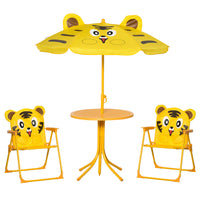 Outsunny Kids Folding Picnic Table & Chair Set Pattern Outdoor Garden Patio Backyard with Sun Umbrella - Yellow-Solid structure composed of metal pipes ensures security
