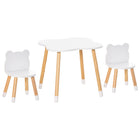 Qaba Kids Wooden Table and Chairs 3-Piece Set - Bear Design - White-Three-piece set includes a table and two chairs 