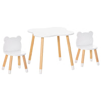 Qaba Kids Wooden Table and Chairs 3-Piece Set - Bear Design - White-Three-piece set includes a table and two chairs 