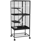 PawHut 53.5" H 4-Tier Rolling Small Animal Cage with Removable Tray and Storage Shelf - Black-Rolls on wheels for easy moving, two wheels with brakes 