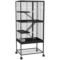 PawHut 53.5" H 4-Tier Rolling Small Animal Cage with Removable Tray and Storage Shelf - Black-Rolls on wheels for easy moving, two wheels with brakes 