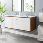 Modway Transmit 48" Wall-Mount Bathroom Vanity - Walnut/White-Ceramic Dual Basin Sink