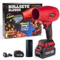 Bullseye Blower 20V Rechargeable Cordless Leaf & Dust Air Blaster with Battery & Charger-Powerful motor spins at 24000 RPM to deliver up to 100 CFM of high velocity airflow that clears leaves, snow, dust, sawdust, and debris