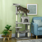 PawHut 56" Cat Tree Tower with Condo, Hammock and Sisal Scratching Posts - Grey-A top bed, a condo and a hammock provide snug places for relaxing and napping 