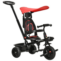 Qaba 4-in-1 Kids Tricycle and Push Bike - Red-4 in 1 design with detachable parent push handle, canopy, and guardrail 