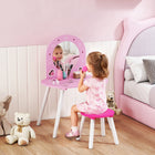 Qaba Kids Vanity Set with Mirror & Stool - Pink-Features a charming pink design with heart prints to inspire imaginative
